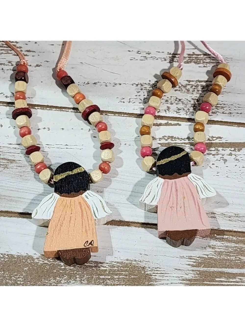 Handmade Handpainted praying Angel Holiday Christmas wood beaded necklace signed